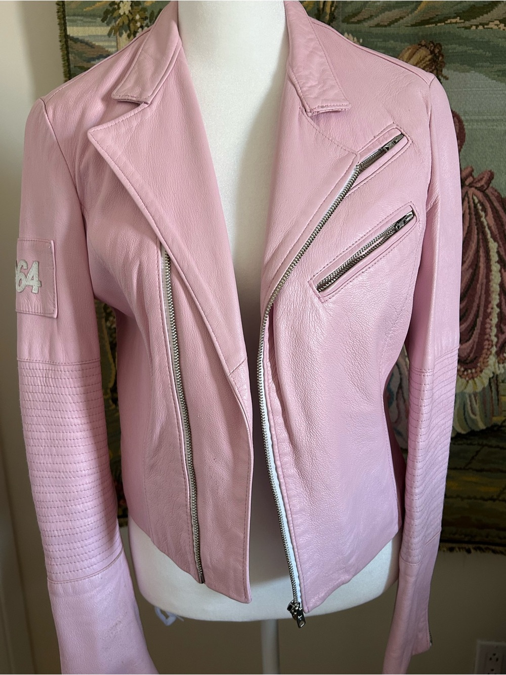 Women's Pink Leather Moto Jacket with Quilted Sleeves